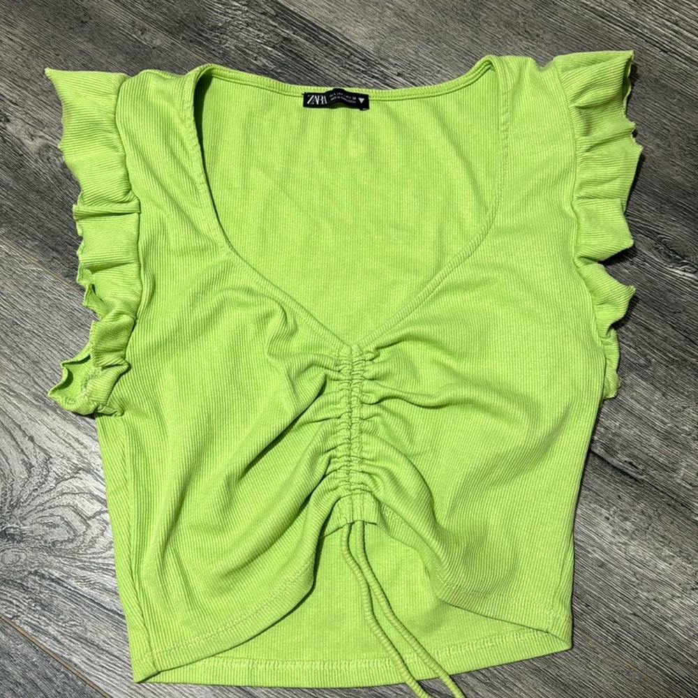 Zara Flutter Sleeve Crop Top - L - Green